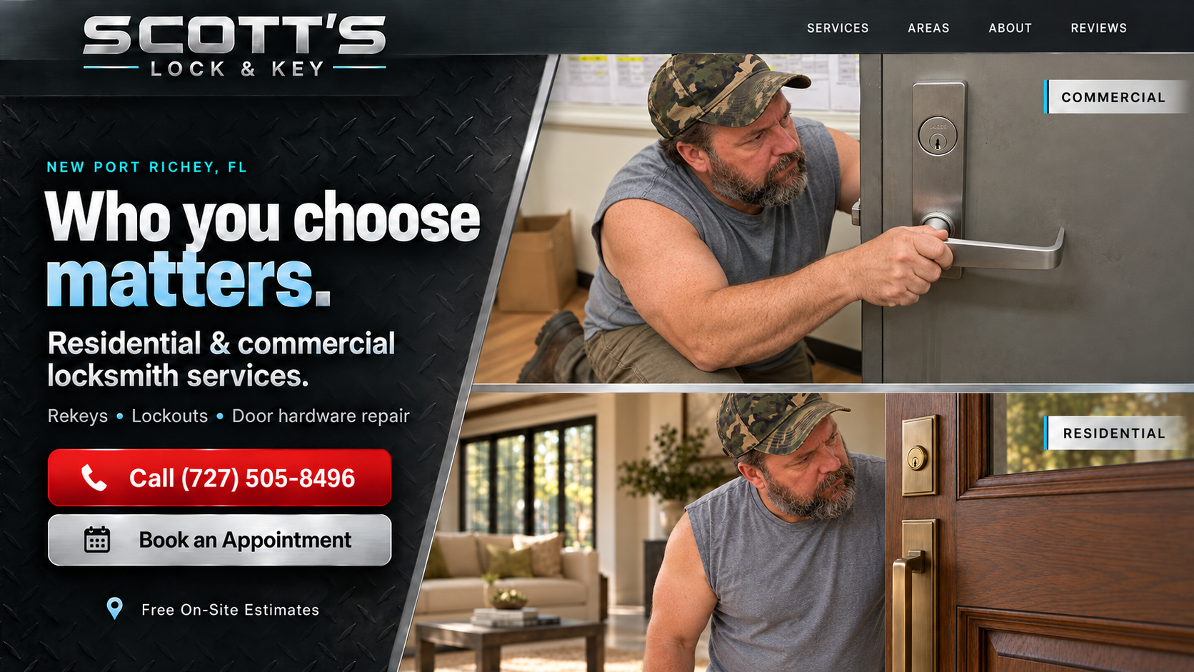 Scott kneeling at a commercial door and inspecting a residential entrance. Who you choose matters. Residential and commercial locksmith services: rekeys, lockouts and door hardware repair. Free on-site estimates.